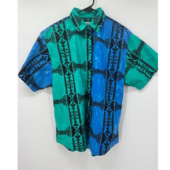 Vintage‎ Wrangler Western Shirt Men's L Aztec Blue Green Button Up Short Sleeve - Picture 1 of 3